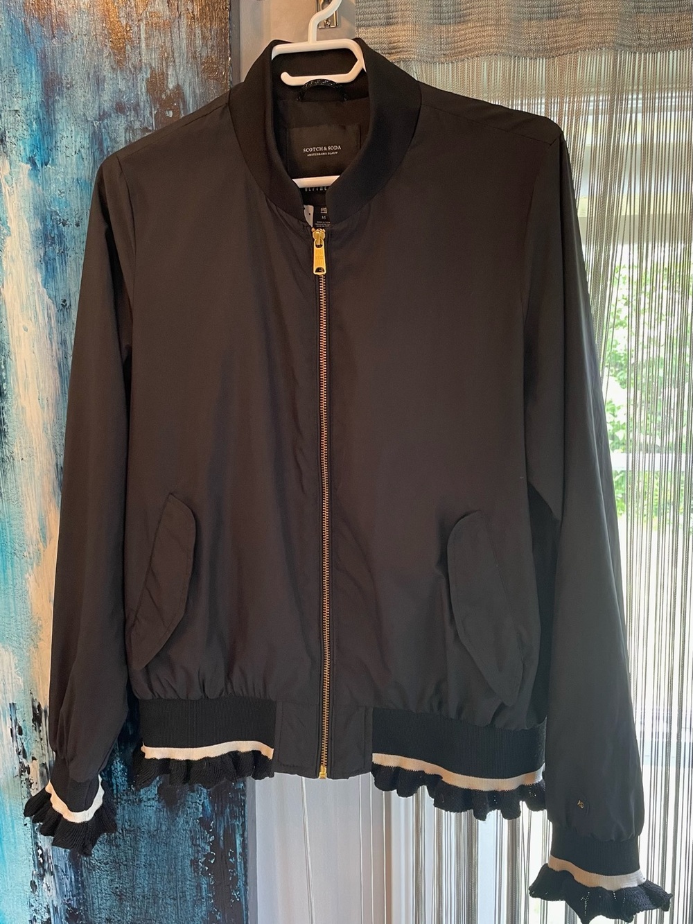 Scotch & Soda Black Bomber Jacket with Gold Zipper and Ruffle Trim